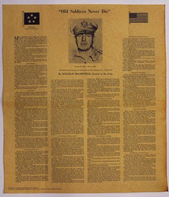 Old Soldiers Never Die antiqued parchment replica document